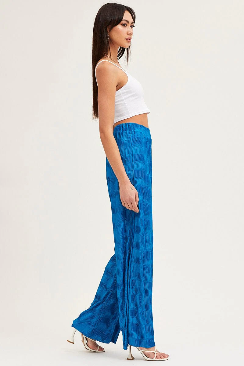 Blue Plisse Pants Wide Leg High Rise