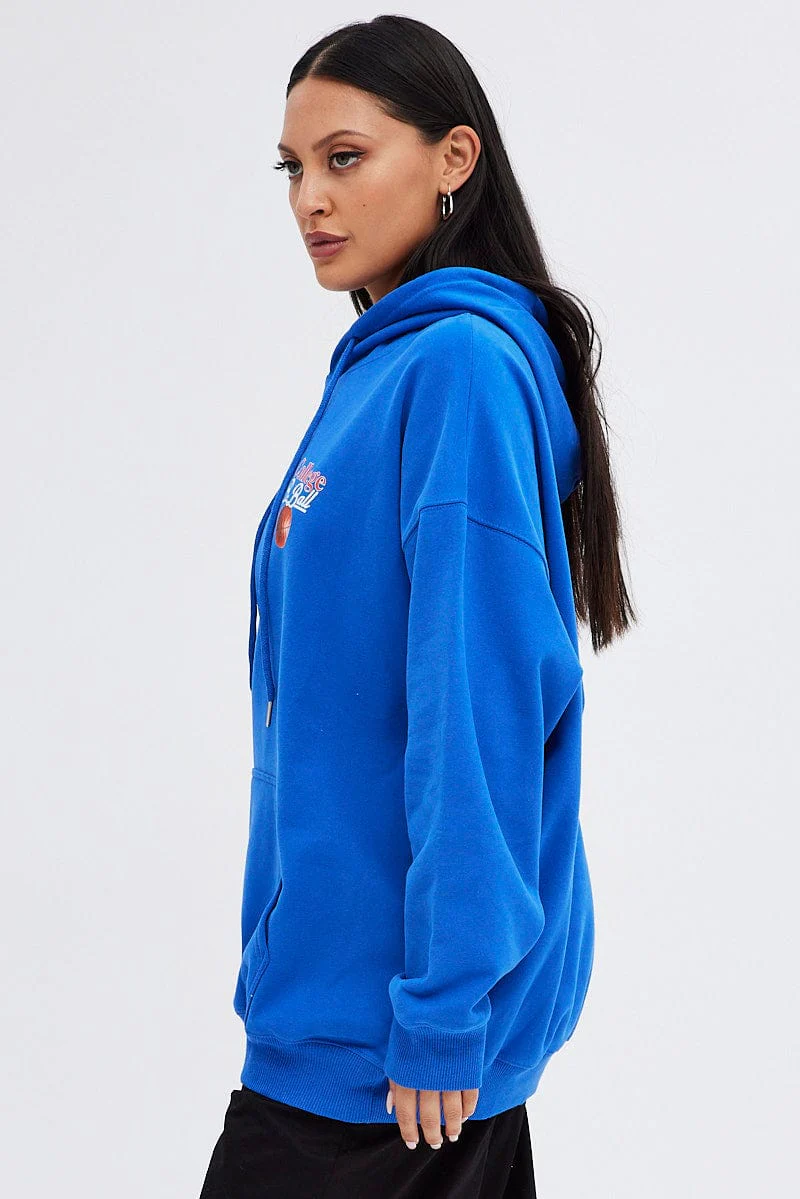 Blue Hoodie Sweater Long Sleeve Longline Basketball