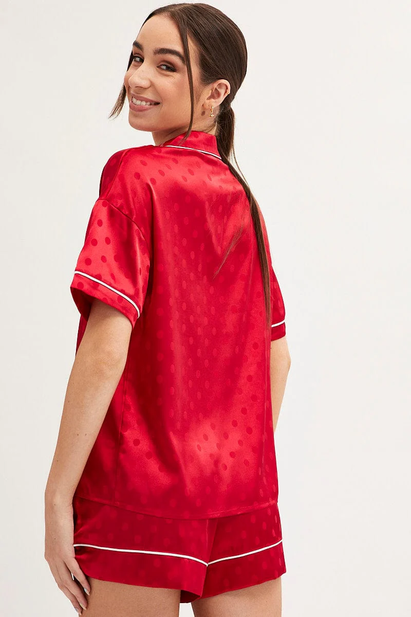 Red Polka Dot Pyjamas Set Short Sleeve Collared Shorts Satin