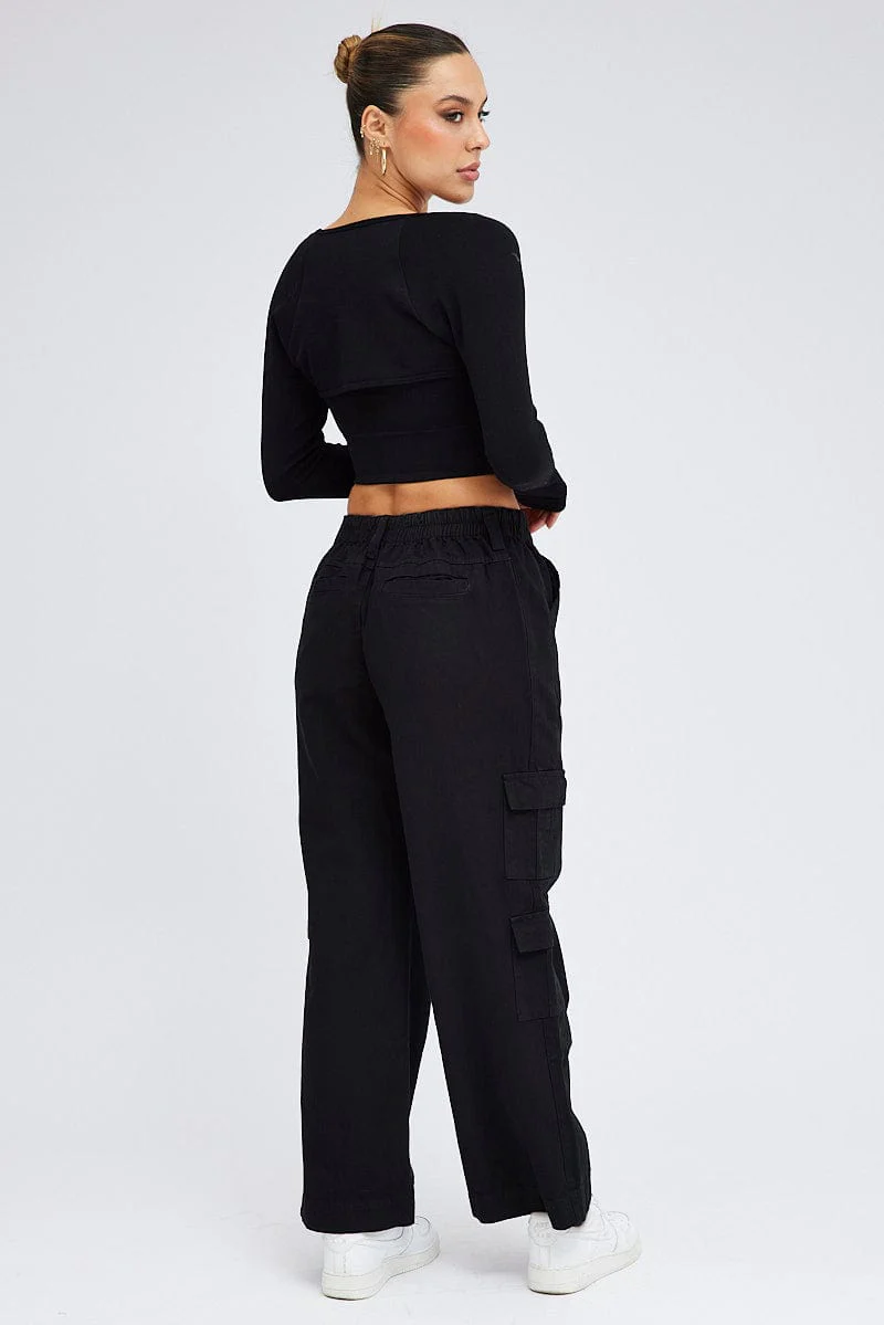 Black Cargo Pants Mid Rise