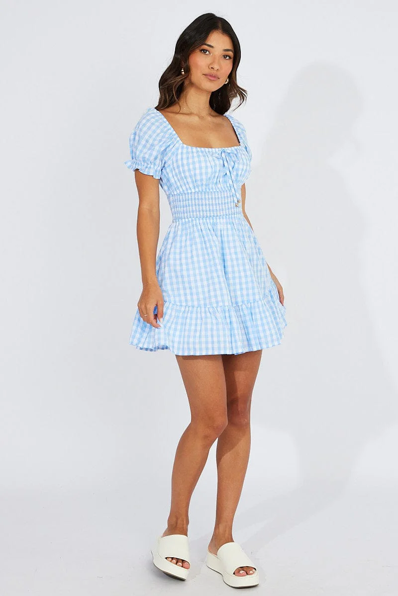 Blue Check Fit And Flare Dress Puff Sleeve Mini