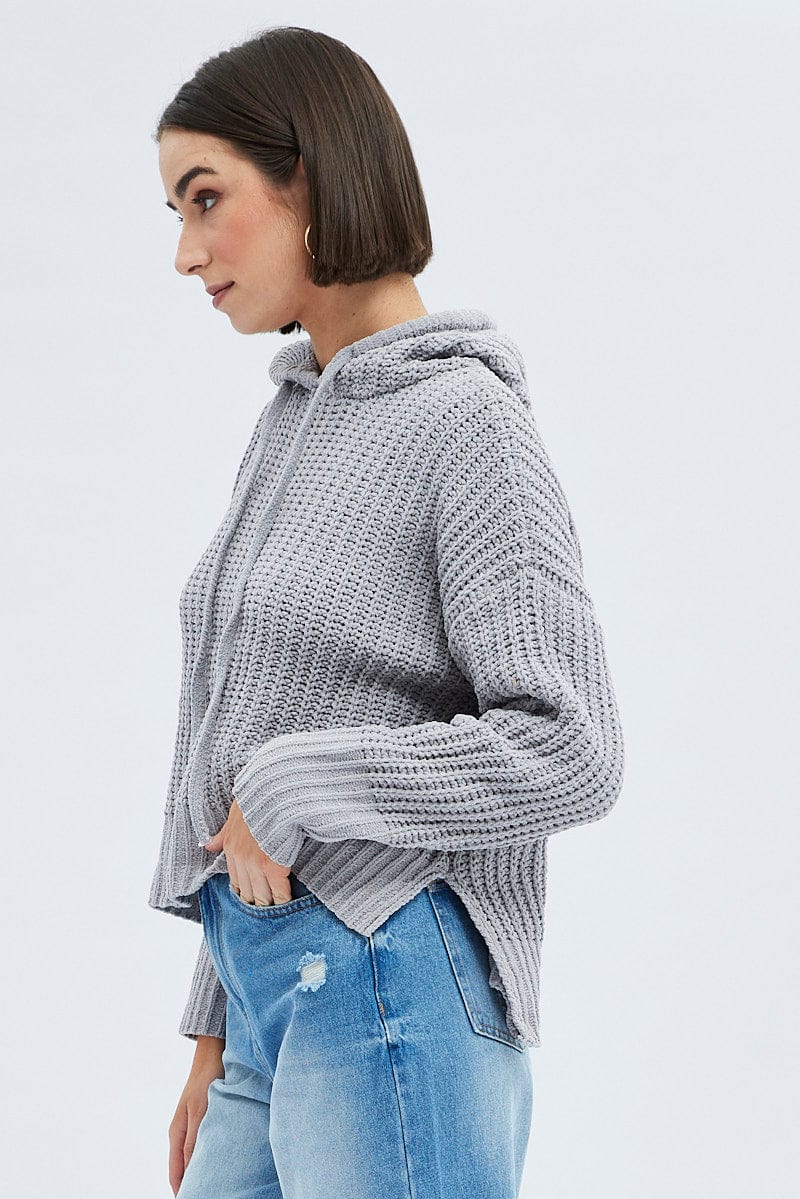 Grey Knit Top Long Sleeve Hoodie