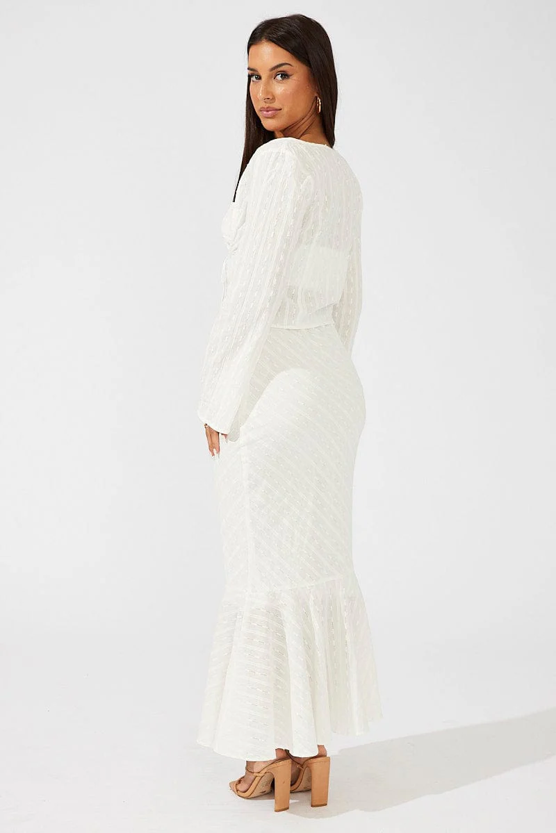 White Maxi Skirt High Waist Fit & Flare Textured Cotton