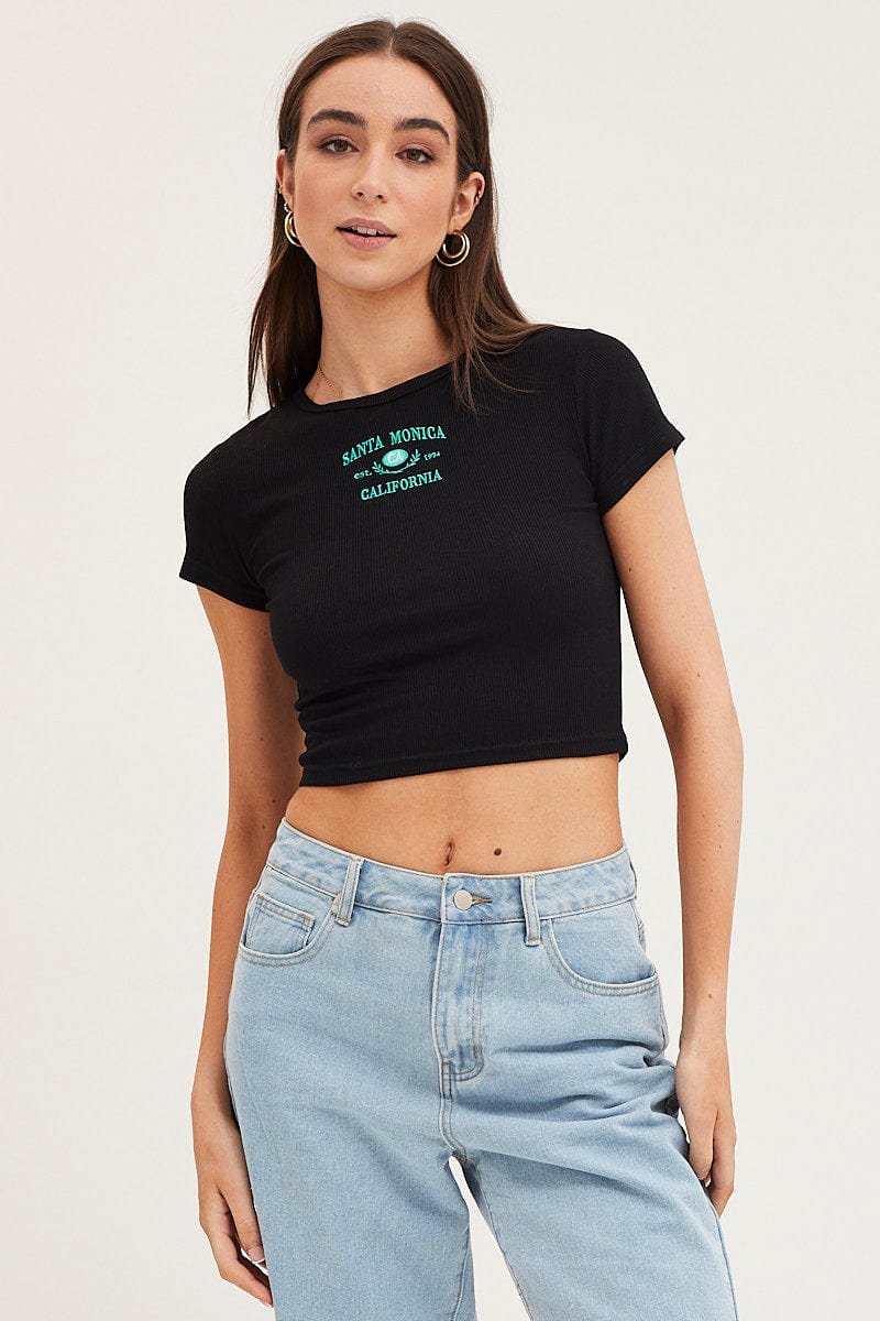 Black Top Short Sleeve Embroided