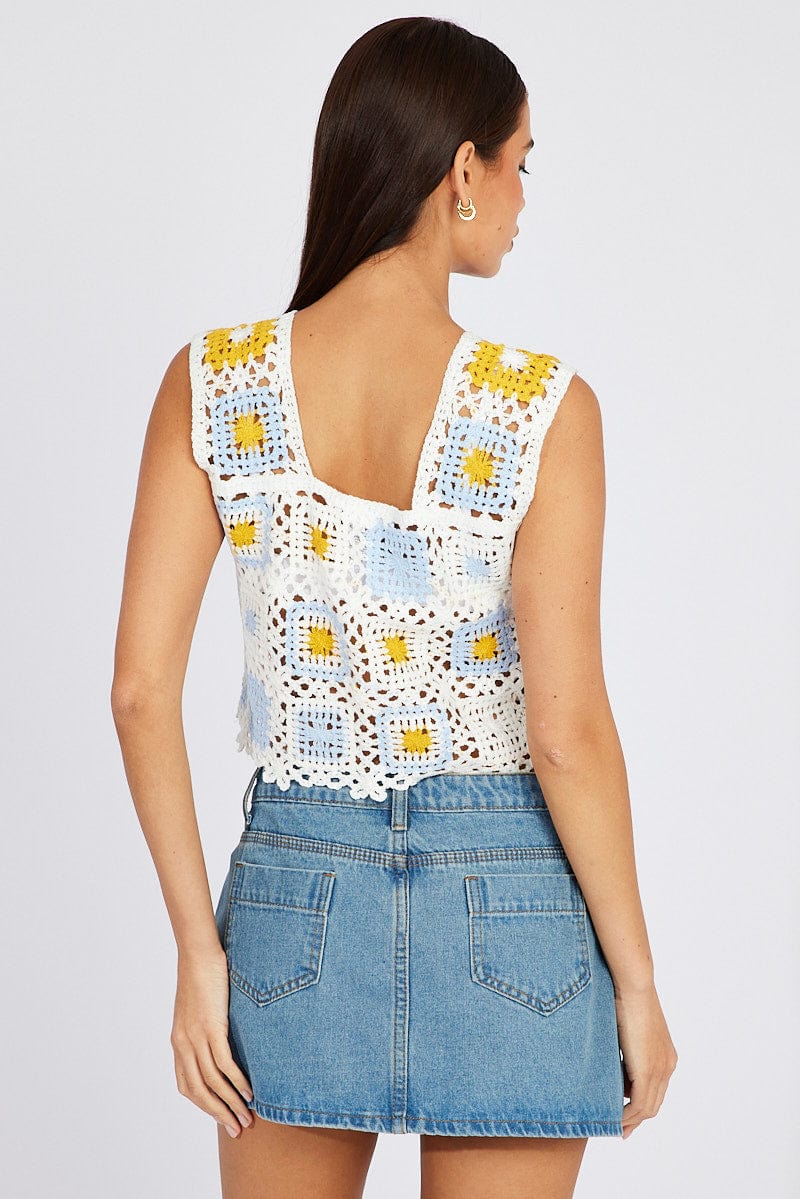 Multi Crochet Top Crop Square Neck