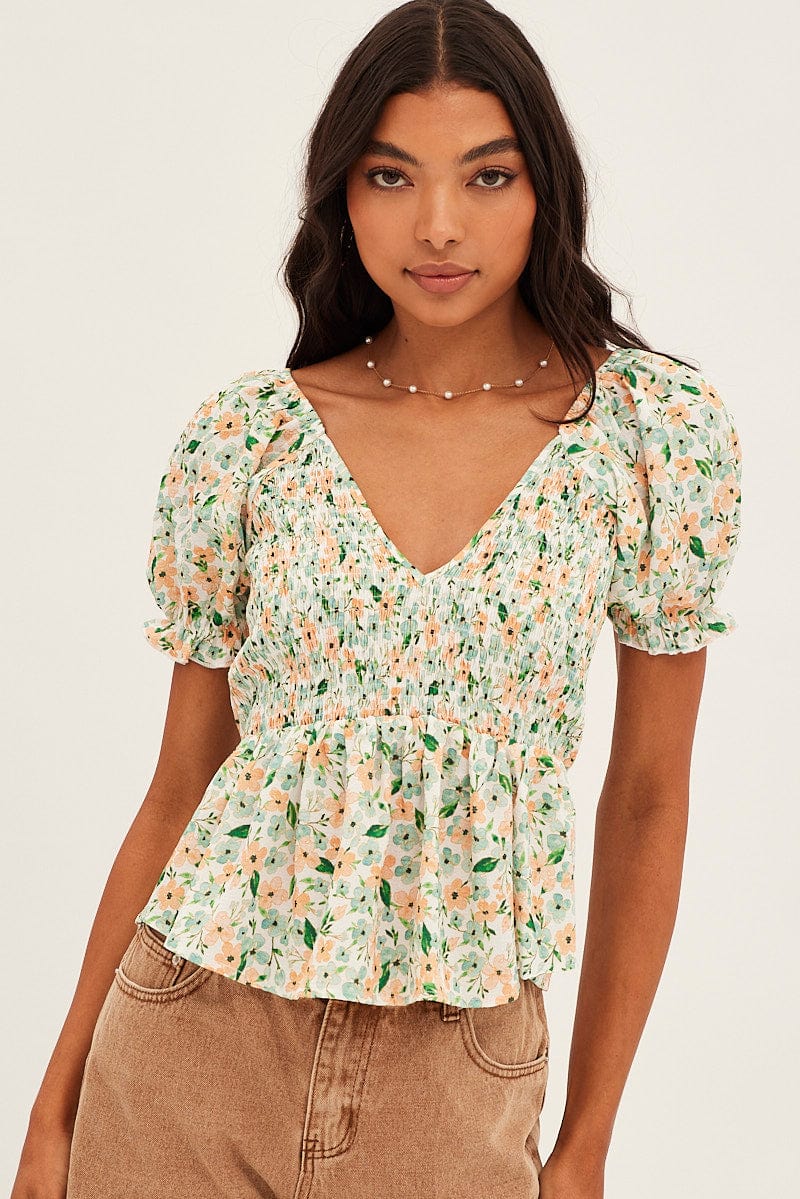 White Shirred Top Bodice Puff Sleeve