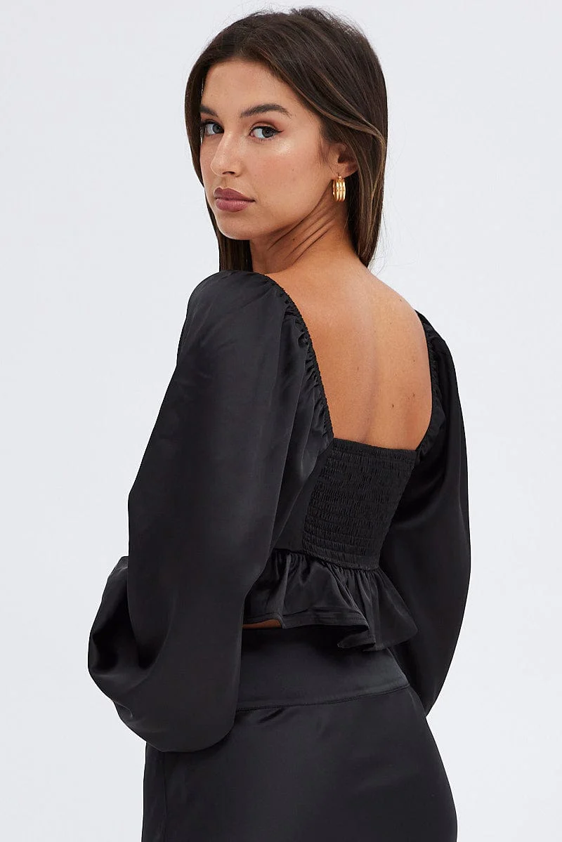 Black Crop Top Long Sleeve Square Neck Frill Hem Satin