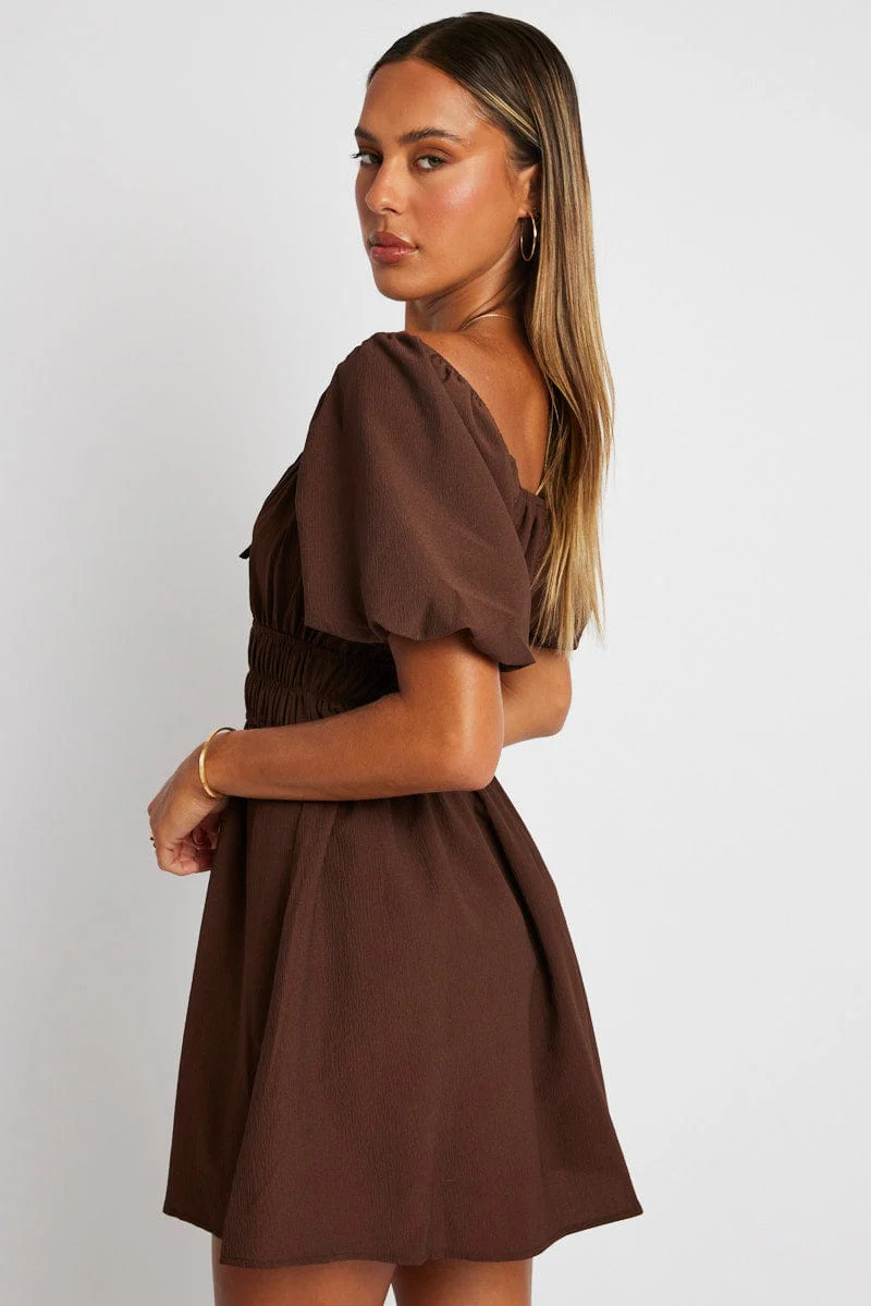 Brown Fit And Flare Dress Puff Sleeve Mini