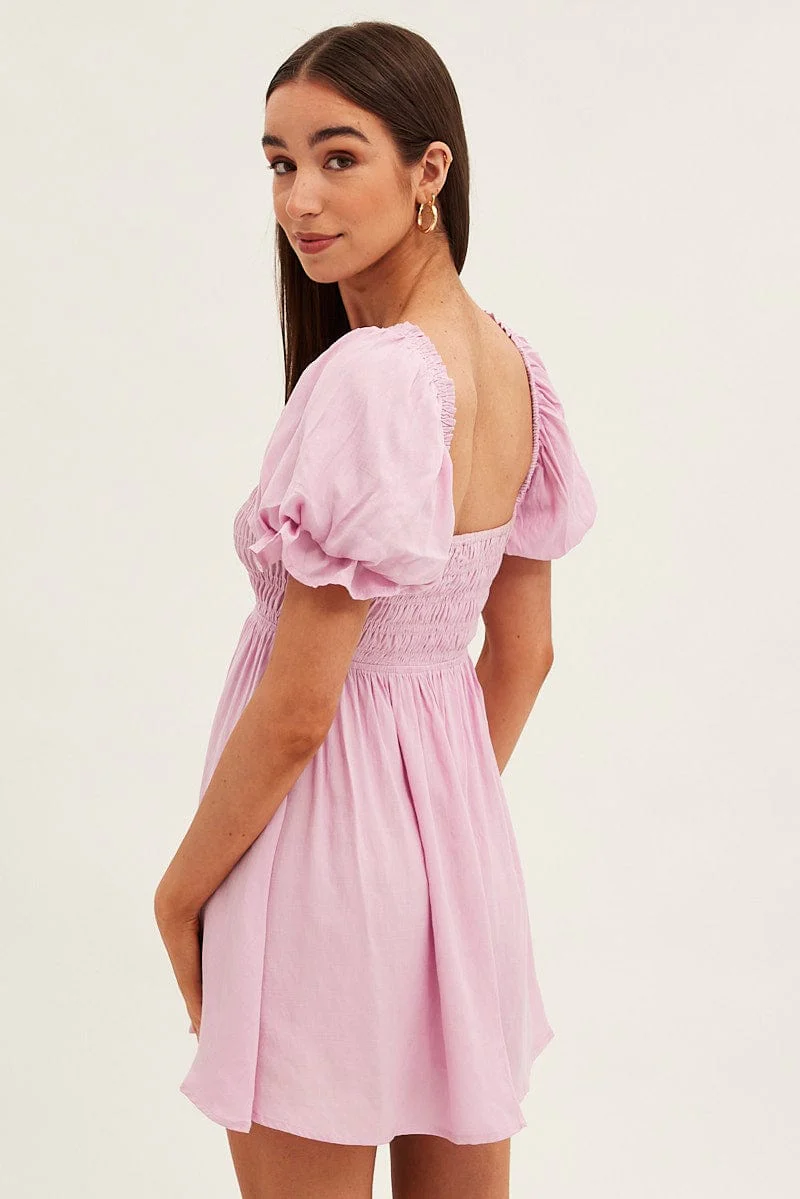 Pink Skater Dress Square Neck Short Sleeve