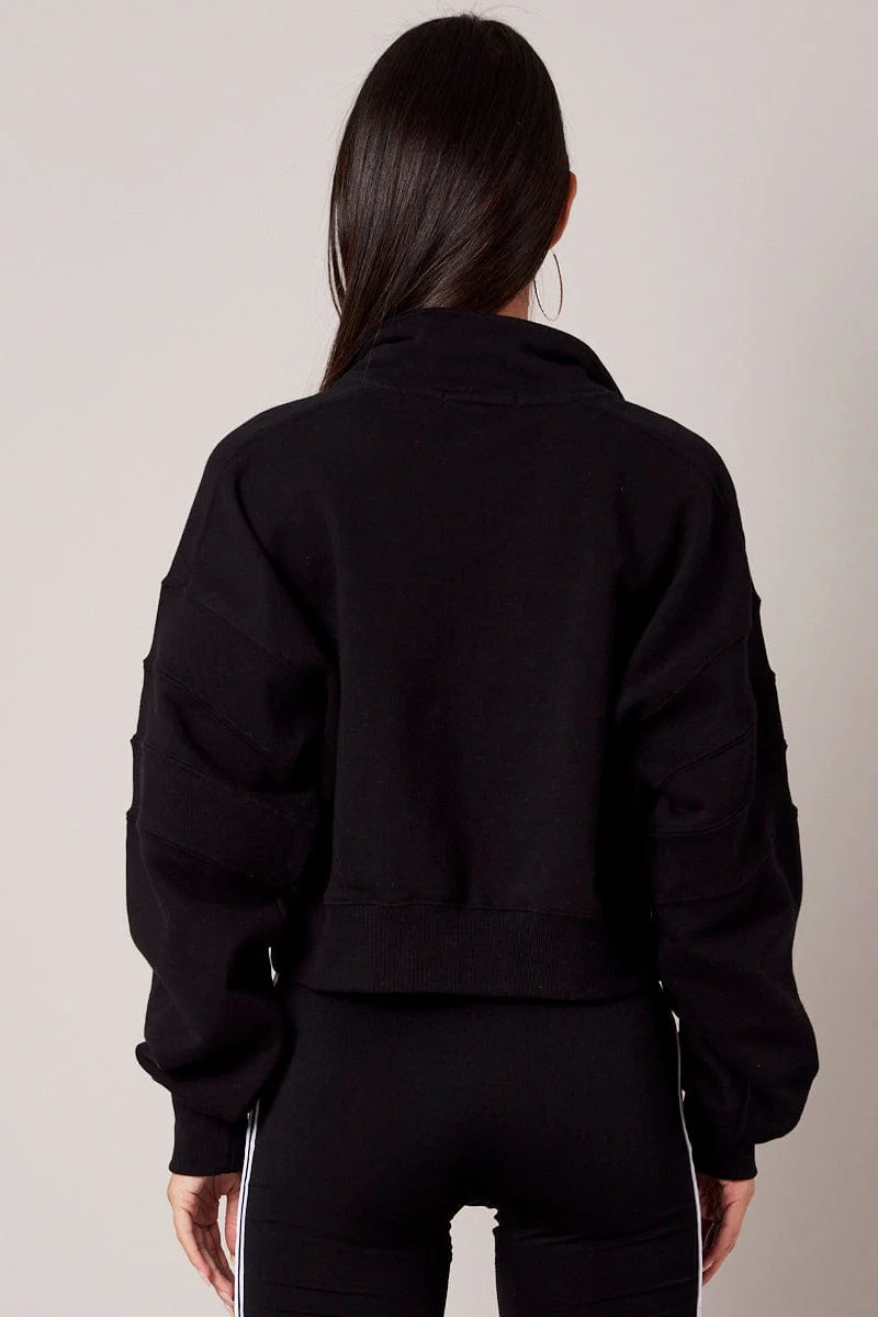 Black Zip Up Sweater Crop Long Sleeve High Neck