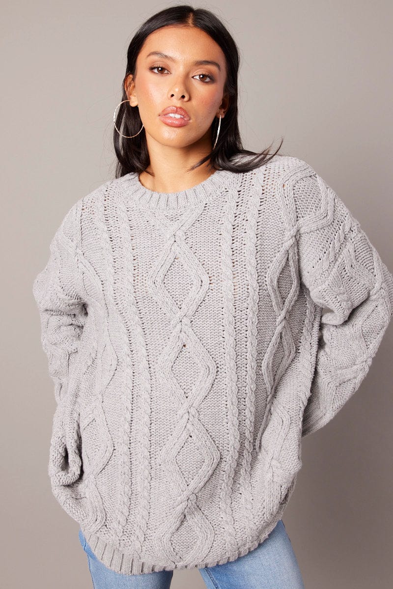Grey Cable Knit Top Long Sleeve Longline