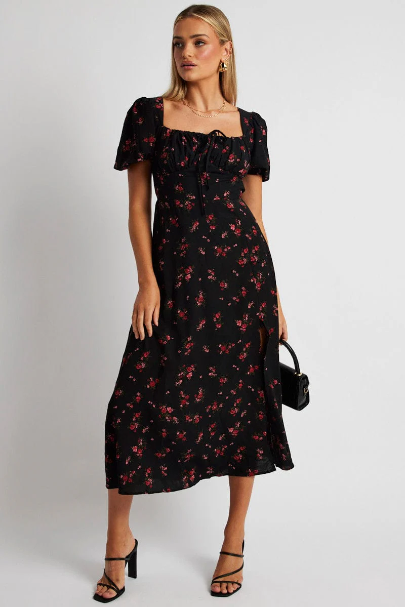 Black Ditsy Midi Dress Short Sleeve Side Split