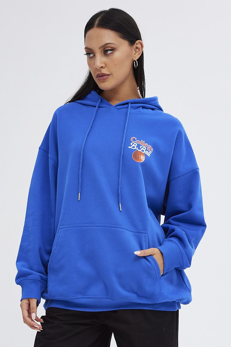 Blue Hoodie Sweater Long Sleeve Longline Basketball