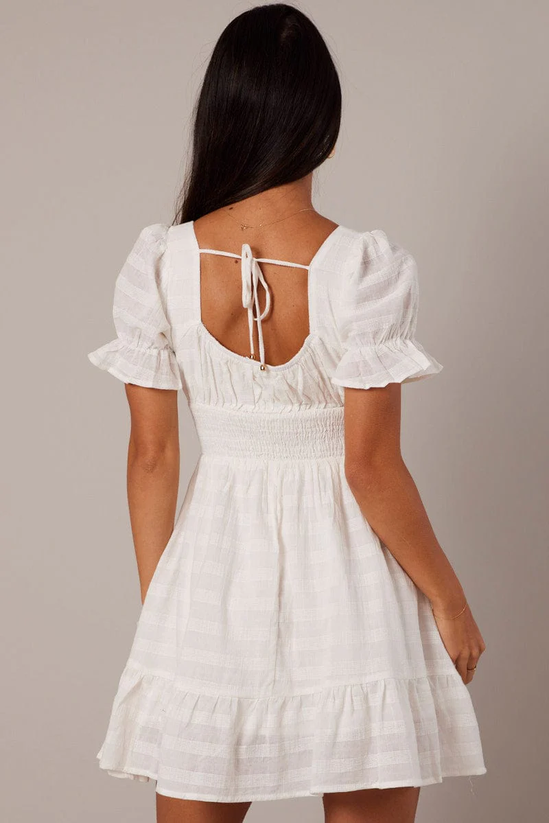 White Fit And Flare Dress Puff Sleeve