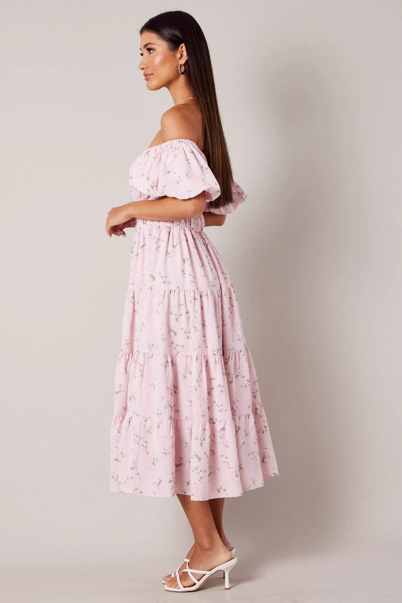 Pink Floral Midi Dress Puff Sleeve Gathered Bust