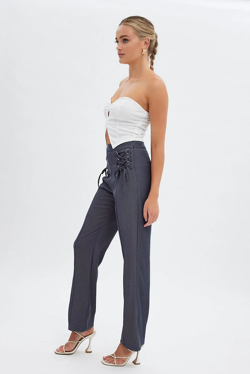 Grey Straight Leg Pants High Rise Tailored Lace Up