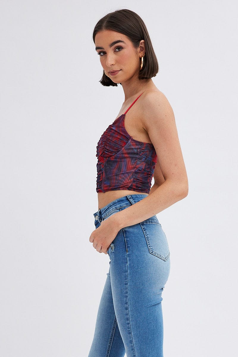 Red Abstract Short Top Sleeveless Abstract Prints