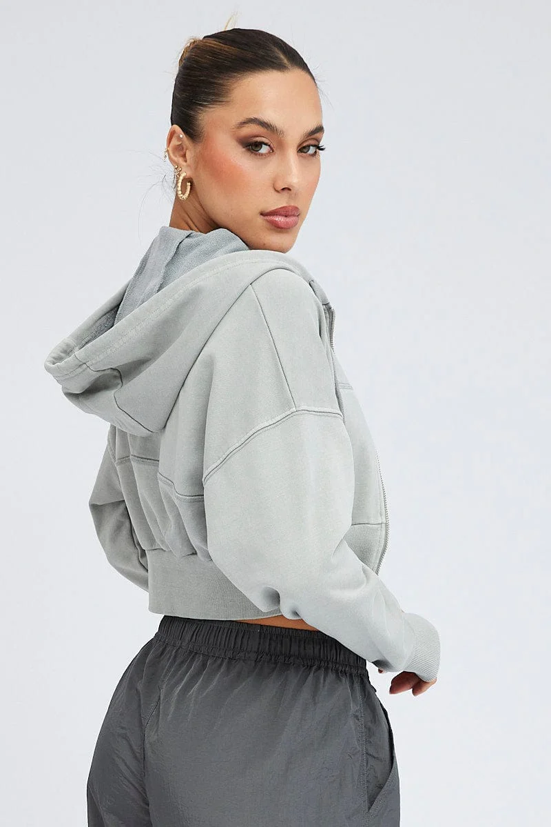 Grey Zip Hoodie Long Sleeve Crop