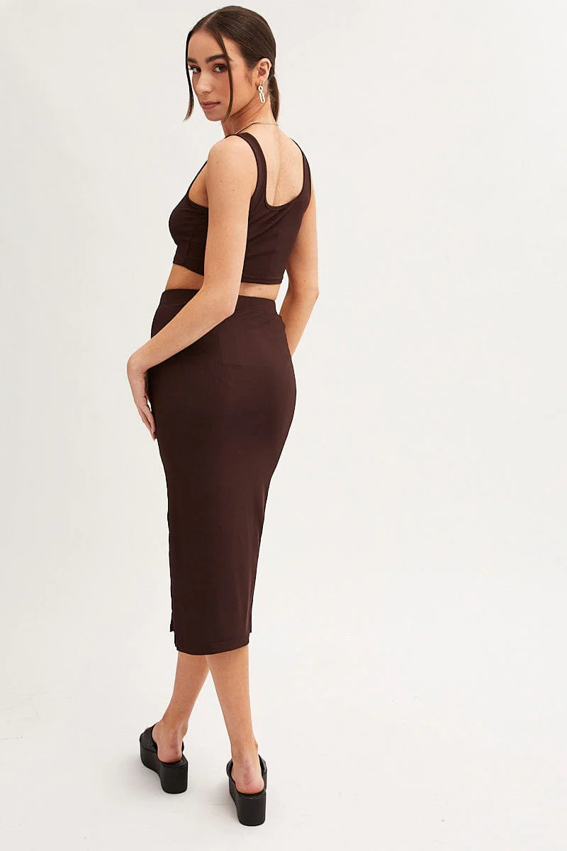 Brown Midi Skirt Front Split Jersey