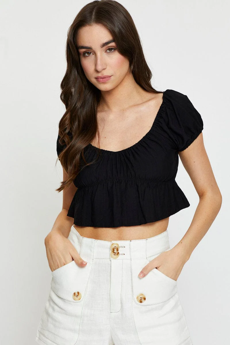 Black Crop Top Short Sleeve Square Neck