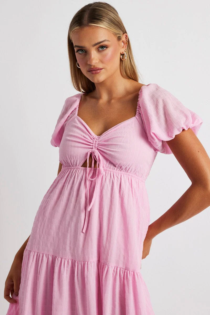 Pink Midi Dress Puff Sleeve Ruch Front