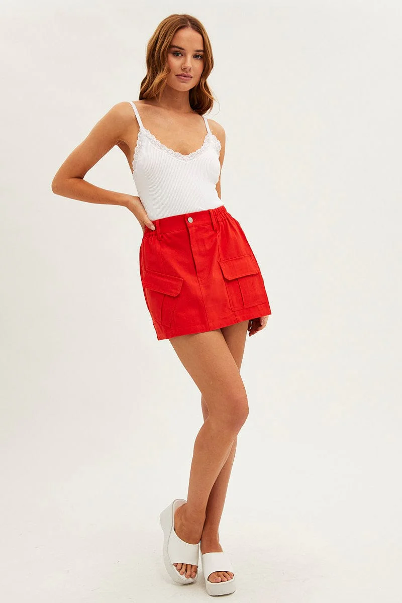 Red Mini Skirt Cargo Cotton Blend