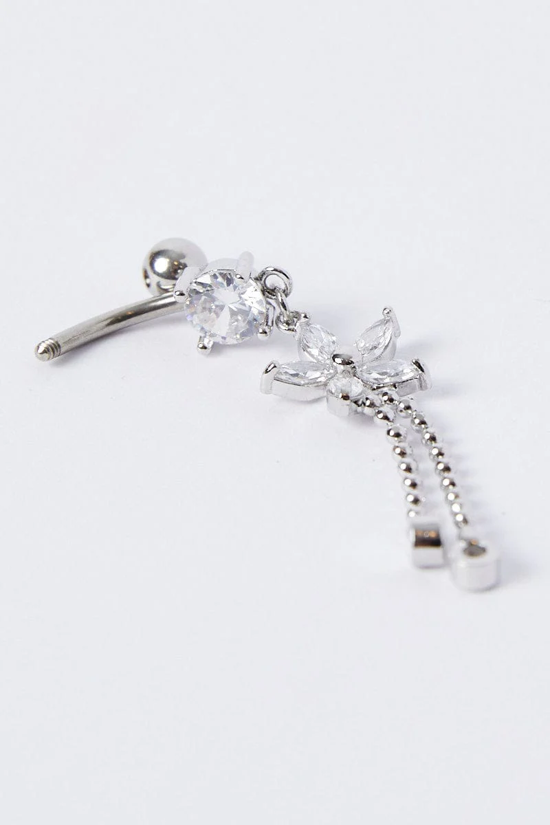 Silver Star Crystal Belly Ring with Tassel