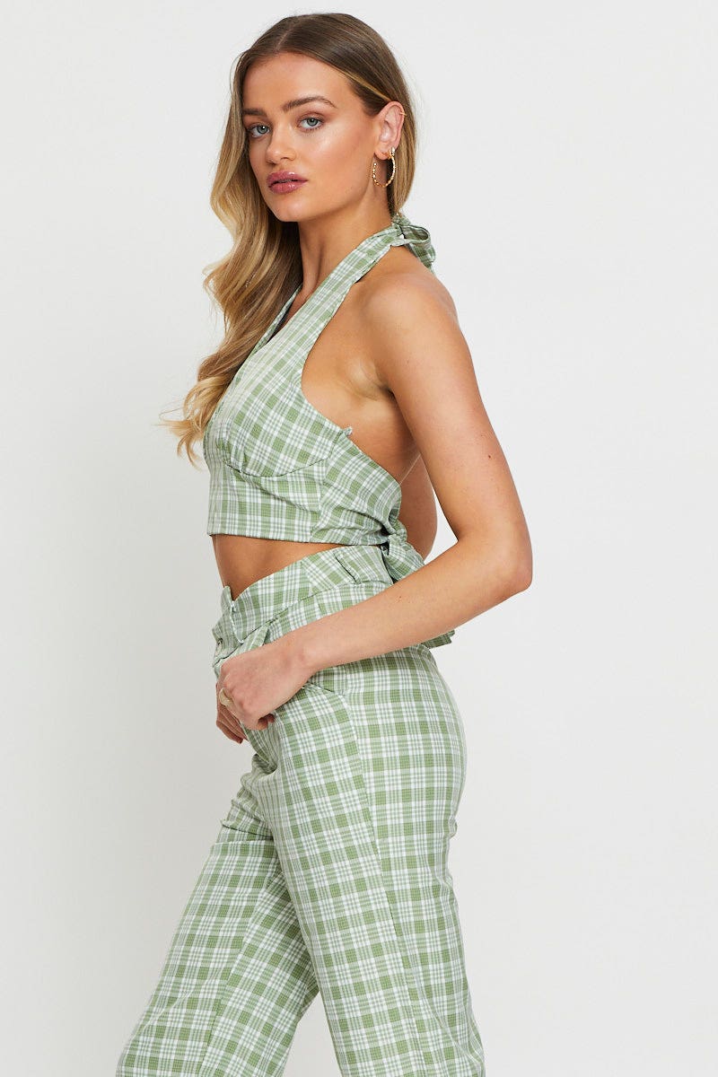 Check Crop Top Sleeveless Halter