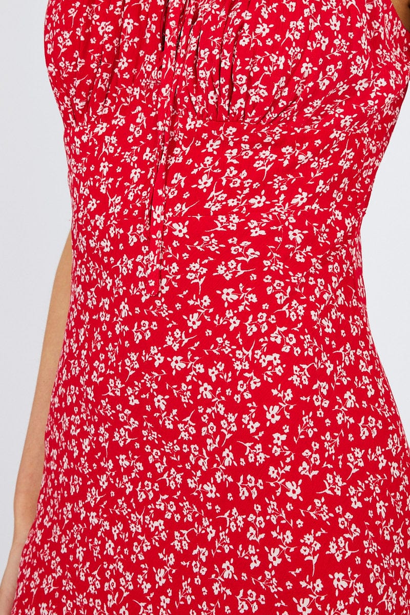 Red Floral Midi Dress Gathering Bust Sleeveless
