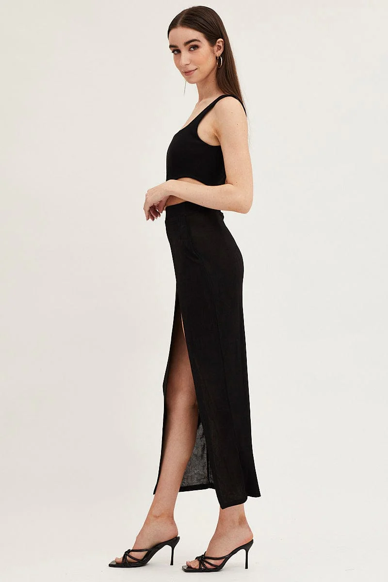 Black Jersey Elastic Waist Front Split Midi Skirt