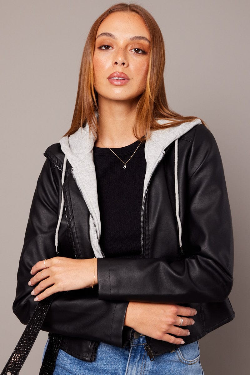 Black Faux Leather Jacket Long Sleeve Hoodie