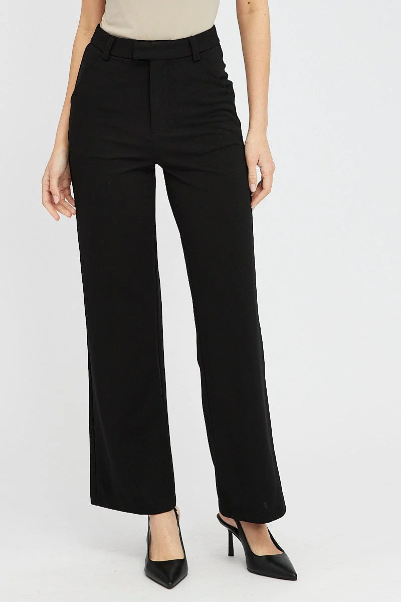 Black Straight Fit Pants High Rise Ponte