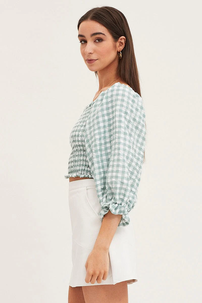 Check Shirred Top Three-Quarter Crop