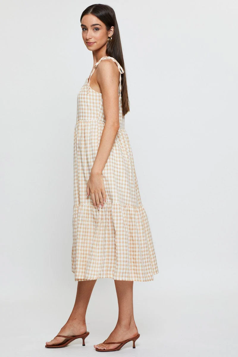 Check Midi Dress Sleeveless Tie Shoulder