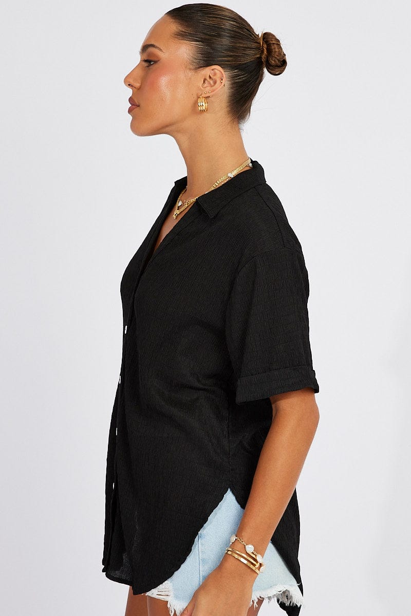 Black Textured Shirt Short Sleeve