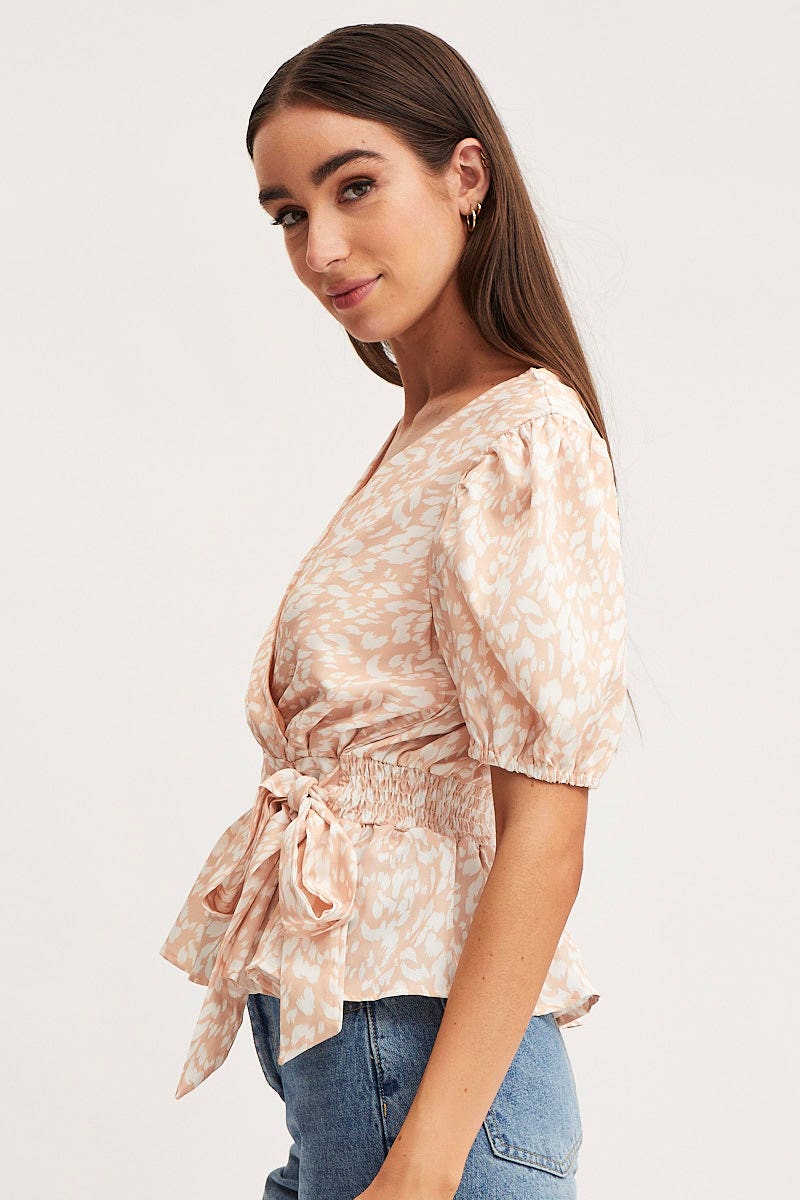 Print Wrap Top Long Sleeve Peplum