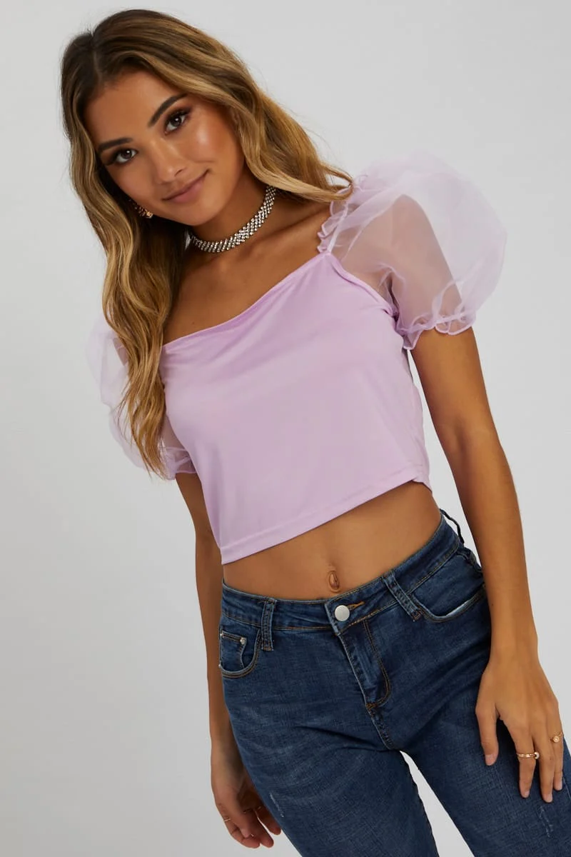 Purple Organza Puff Sleeve Top