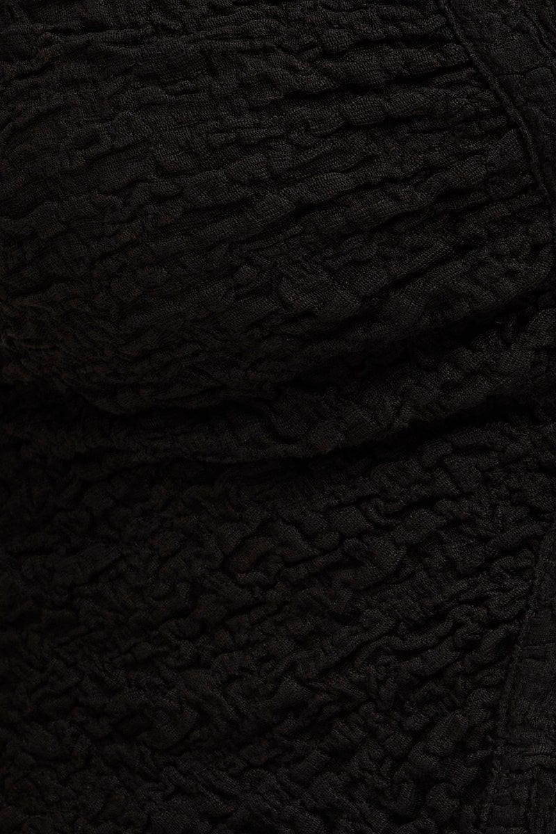 Black Crop Top Short Sleeve Collared Button Up Textured