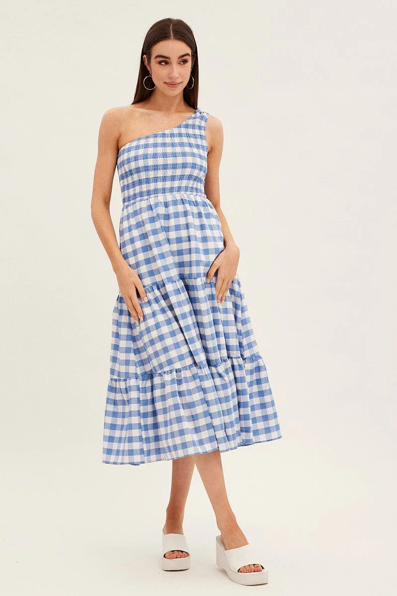 Blue Check Midi Dress One Shoulder Shirred
