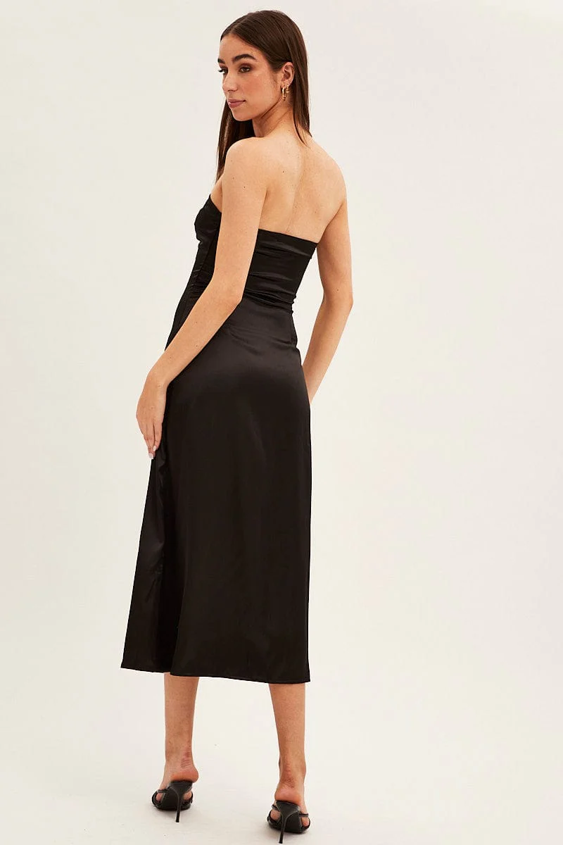 Black Satin Straight Midi Dress