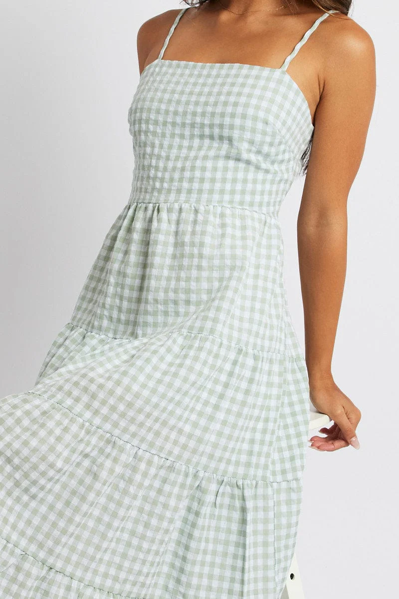 Green Check Midi Dress Sleeveless Tie Back