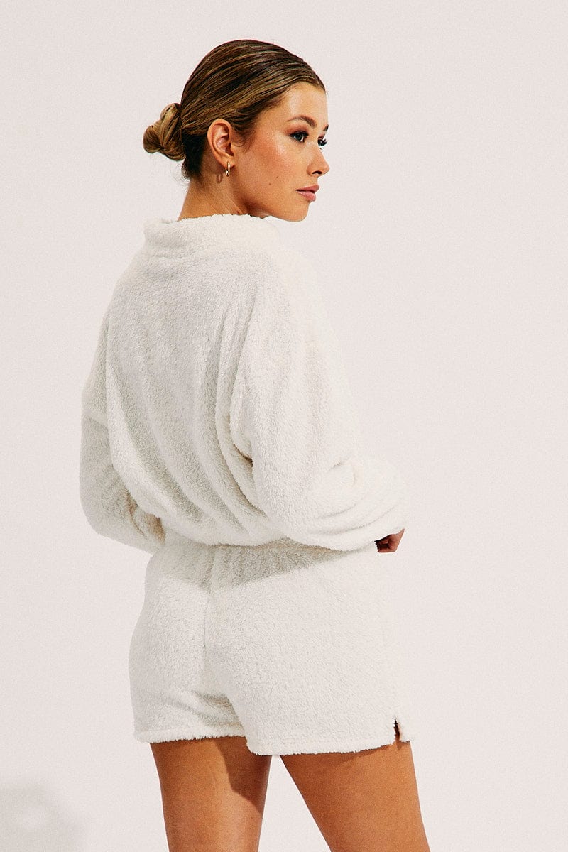 White Loungewear Teddy Shorts