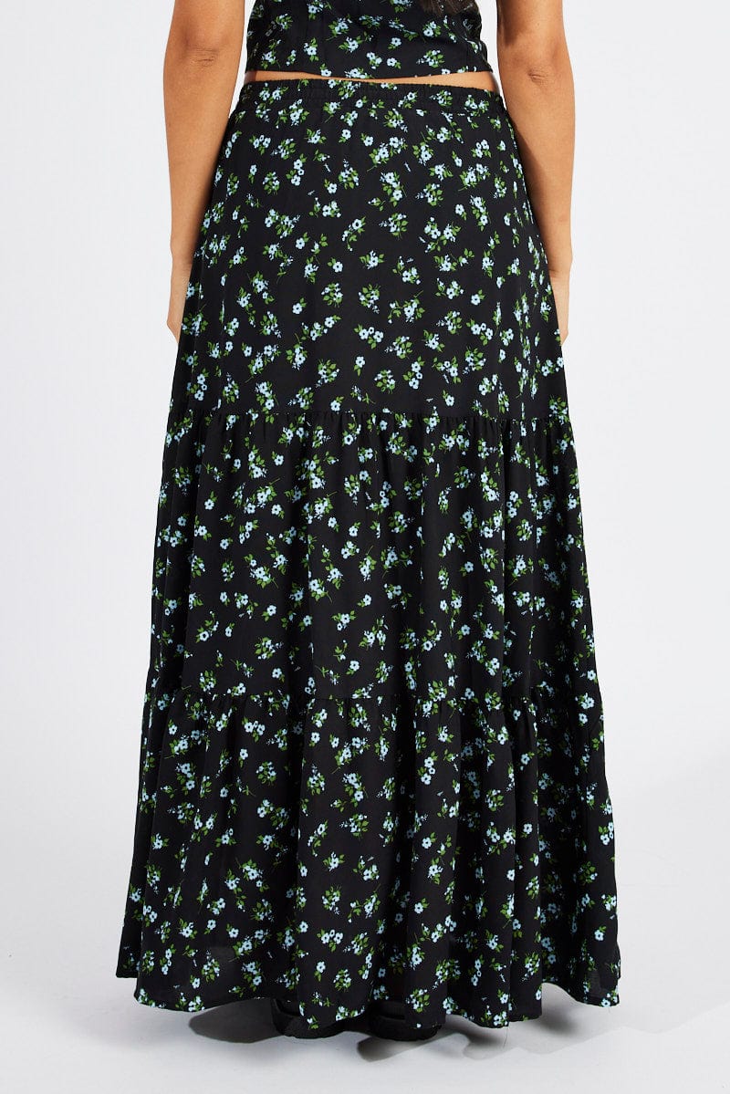 Black Floral Maxi Skirt High Rise Tiered Elastic Waist