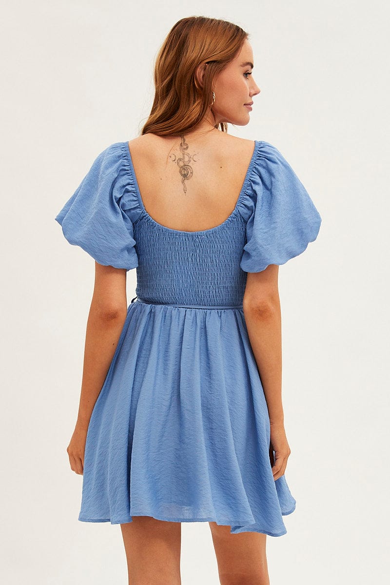 Blue Skater Dress Short Sleeve Round Neck Shirring