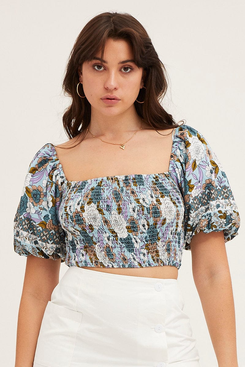 Boho Print Rayon Half Sleeve Shirred Cropped Top