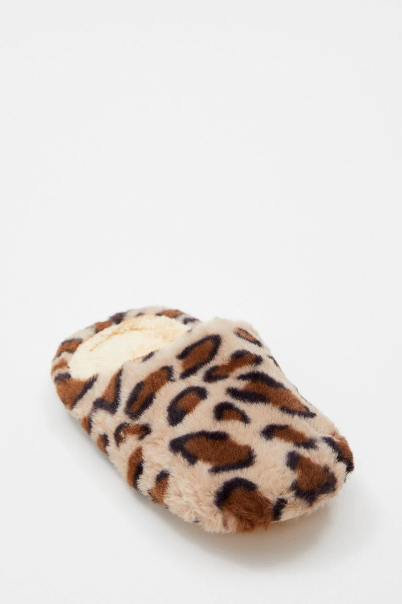 Print Plush Faux Fur Leopard Mule Slippers