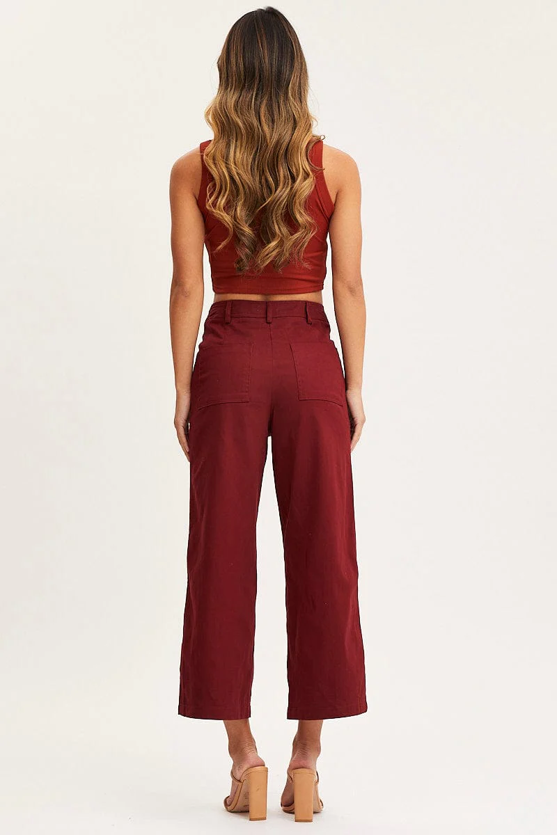 Red Cropped Pants Wide Leg High Waist
