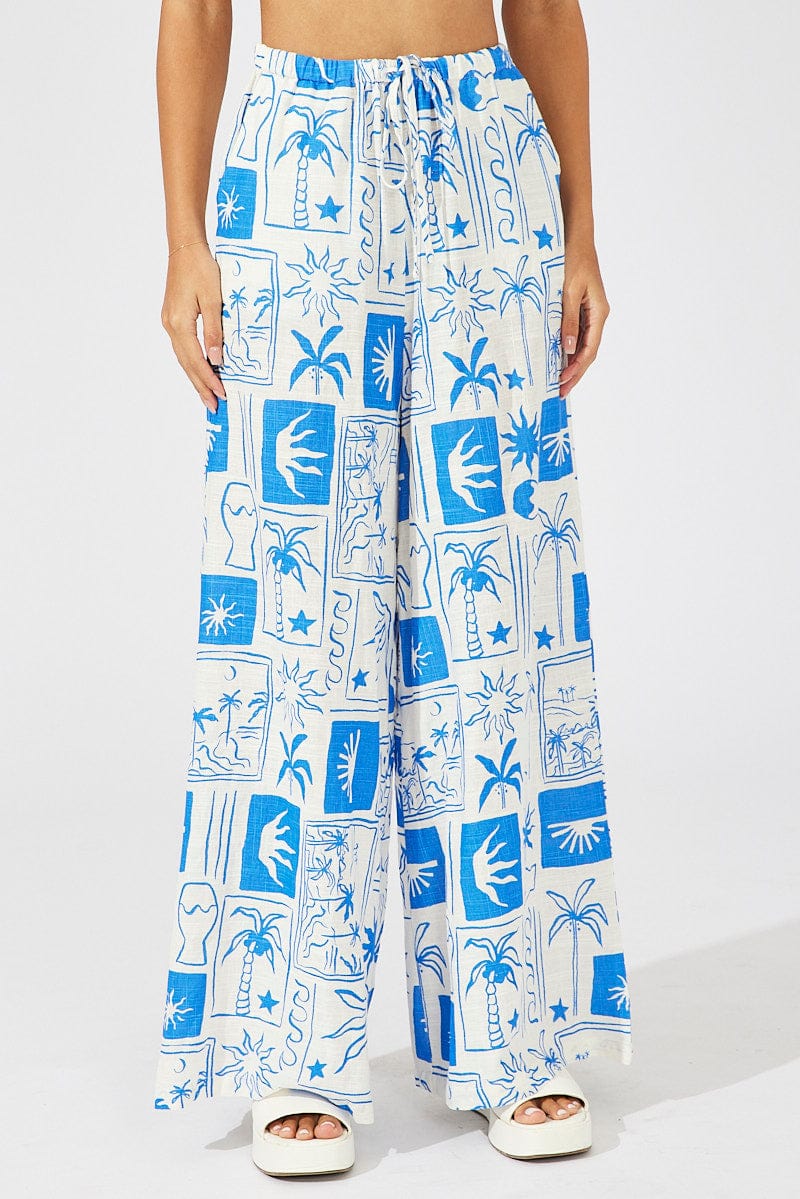 Blue Abstract Wide Leg Pants High Rise