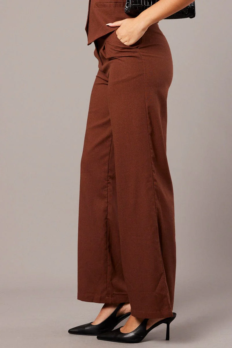 Brown Wide Leg Pants High Rise