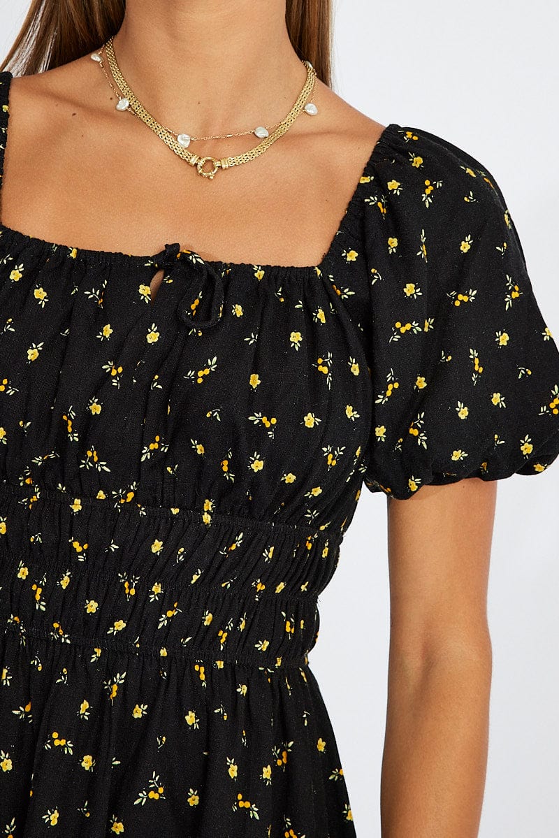 Black Floral Fit And Flare Dress Puff Sleeve Mini